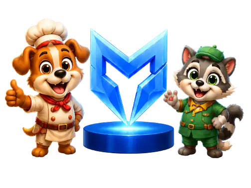 Mobiza Games logo between a chef dog and raccoon mascot